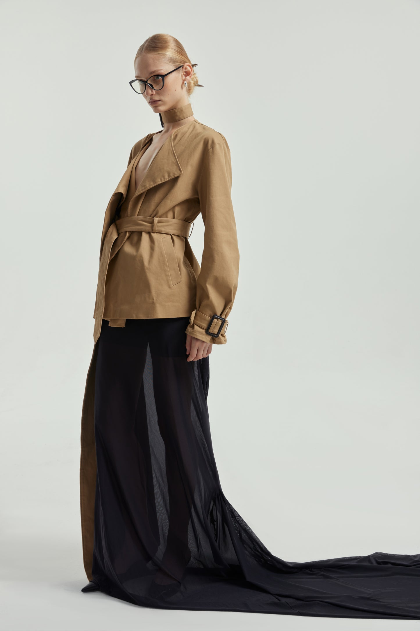 Wrap-Style Collar Waist-Cinching Trench Coat