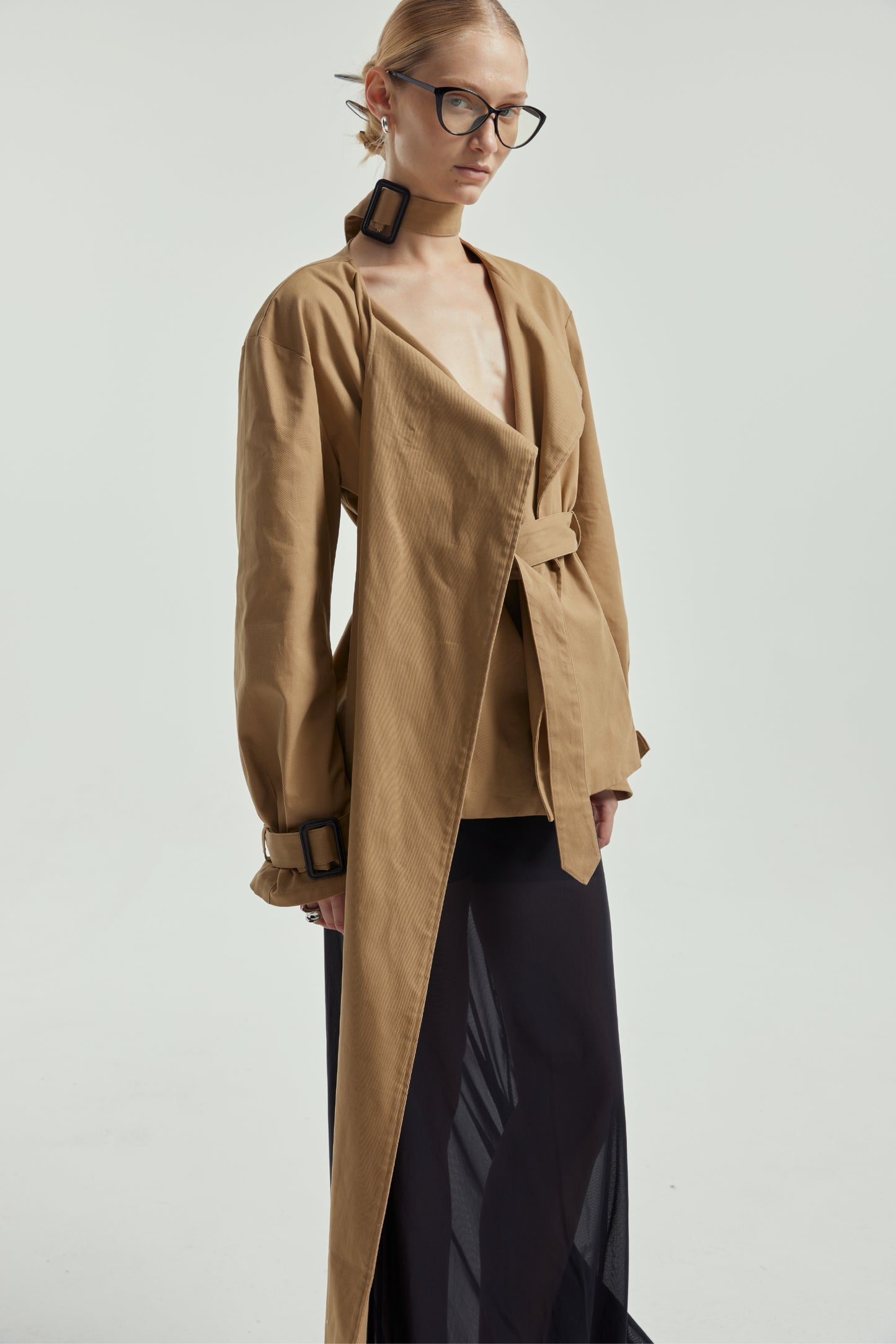 Wrap-Style Collar Waist-Cinching Trench Coat