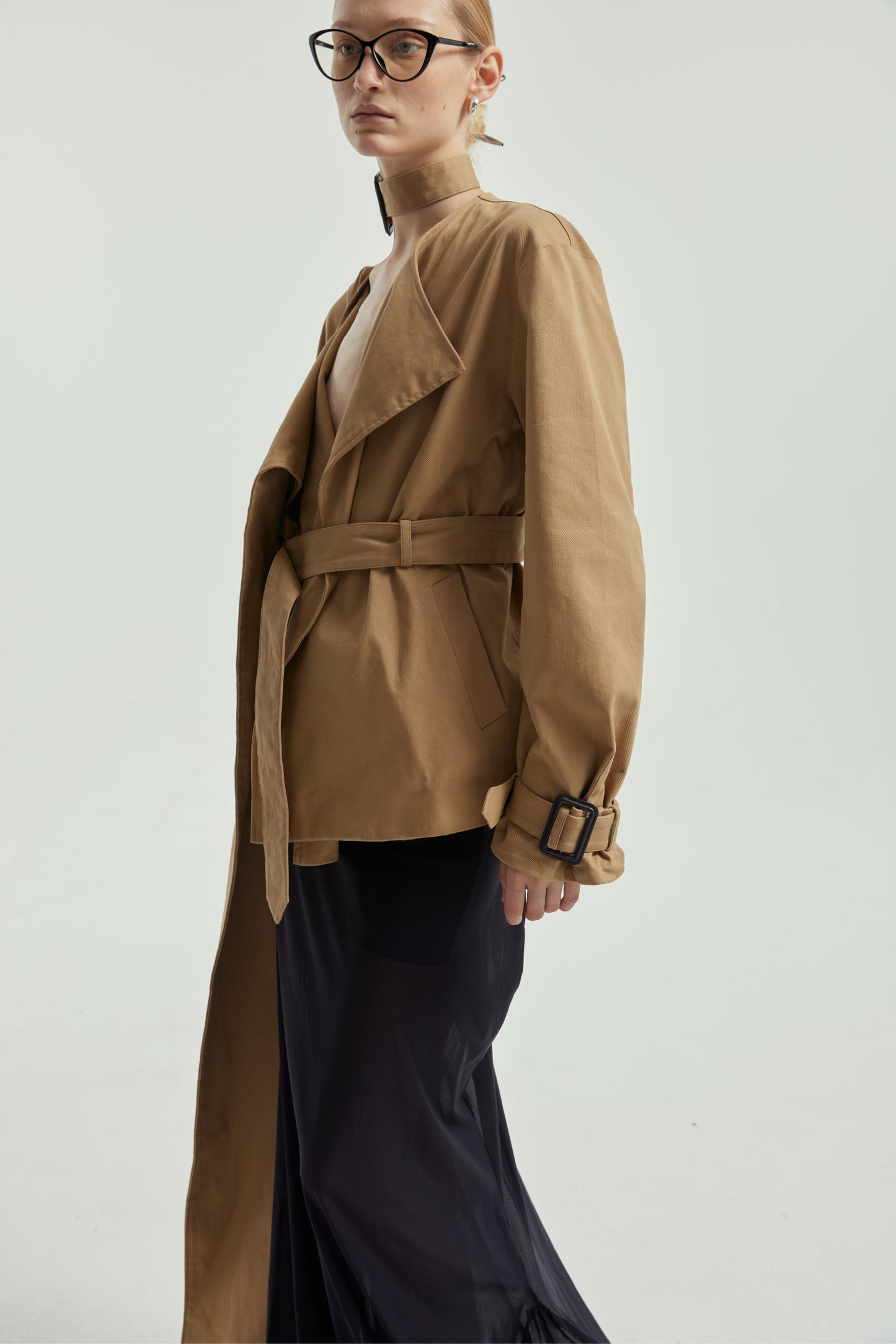 Wrap-Style Collar Waist-Cinching Trench Coat