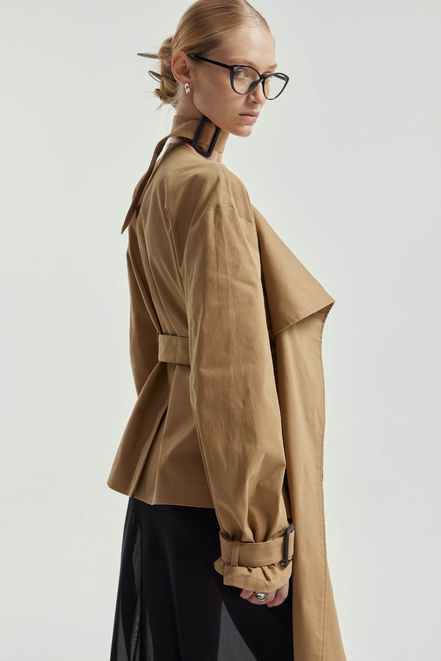 Wrap-Style Collar Waist-Cinching Trench Coat