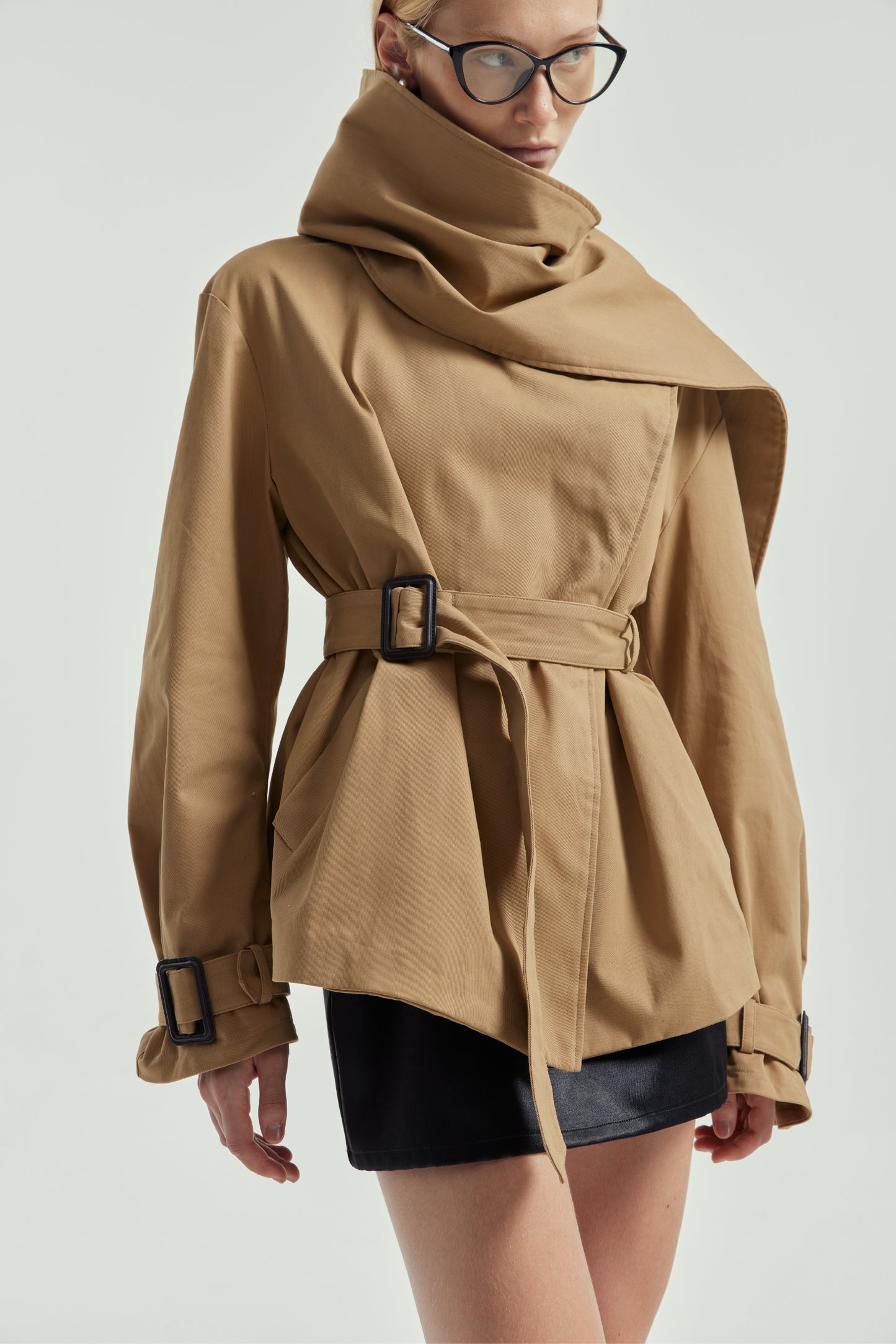 Wrap-Style Collar Waist-Cinching Trench Coat