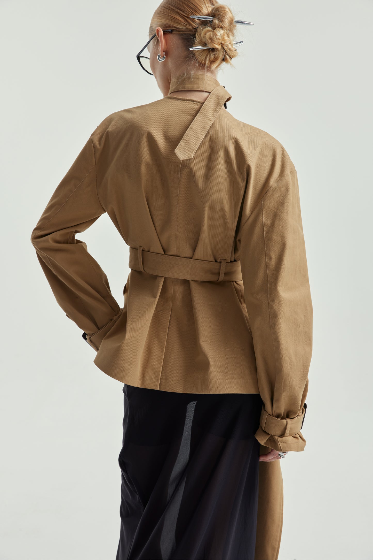 Wrap-Style Collar Waist-Cinching Trench Coat