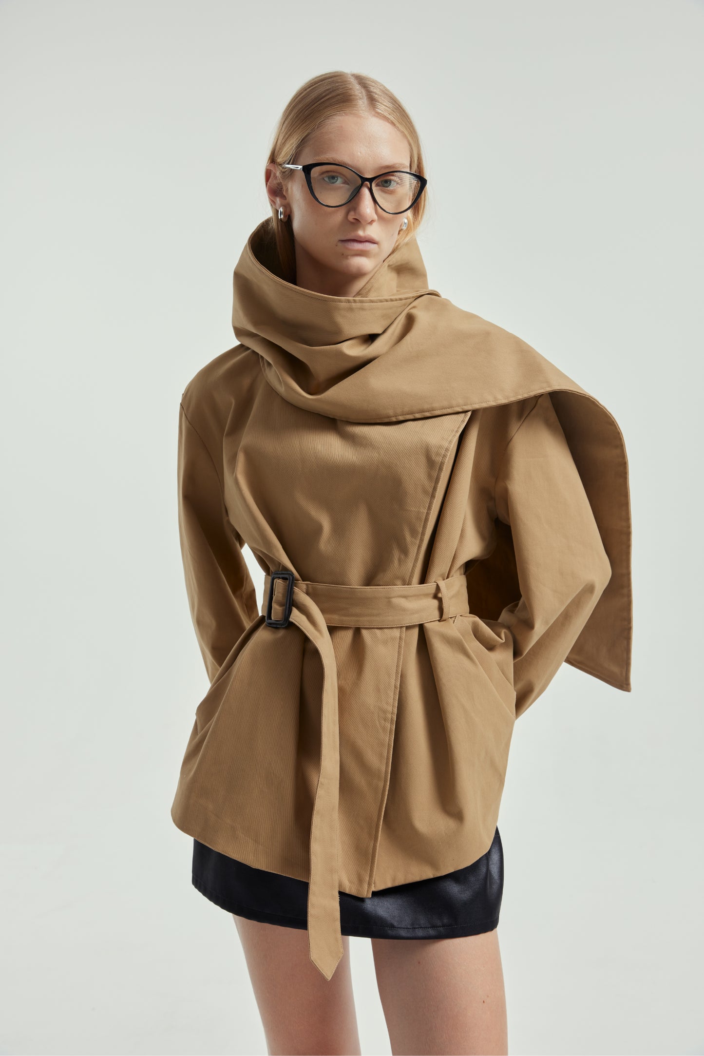 Wrap-Style Collar Waist-Cinching Trench Coat