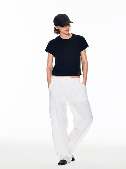 LINEN TROUSERS WITH CUFFED KNIT WAISTBAND