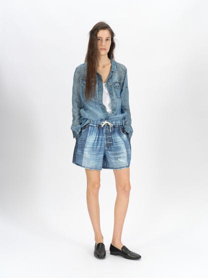 Denim-Print Ramie Shorts