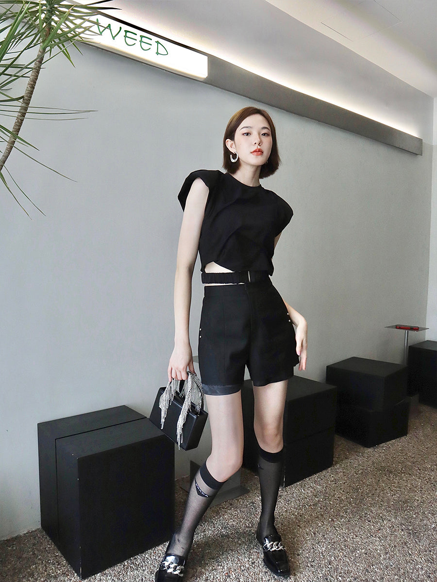 Pleated Belt Padded Shoulder T-Shirt Sleeveless Vest