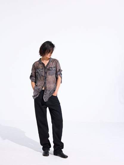 Longline Denim-Print Ramie Shirt