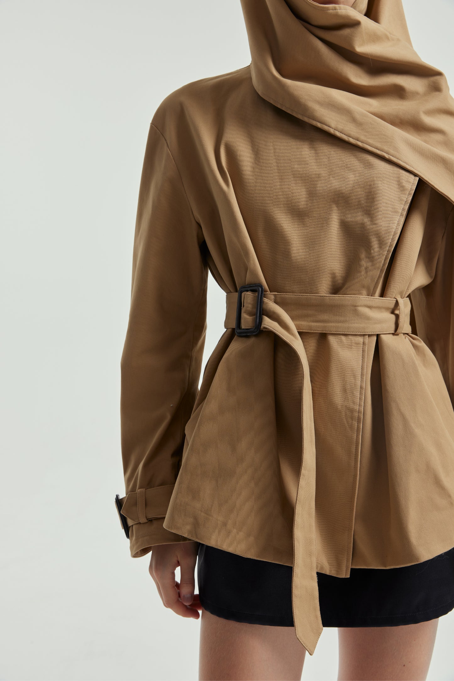 Wrap-Style Collar Waist-Cinching Trench Coat