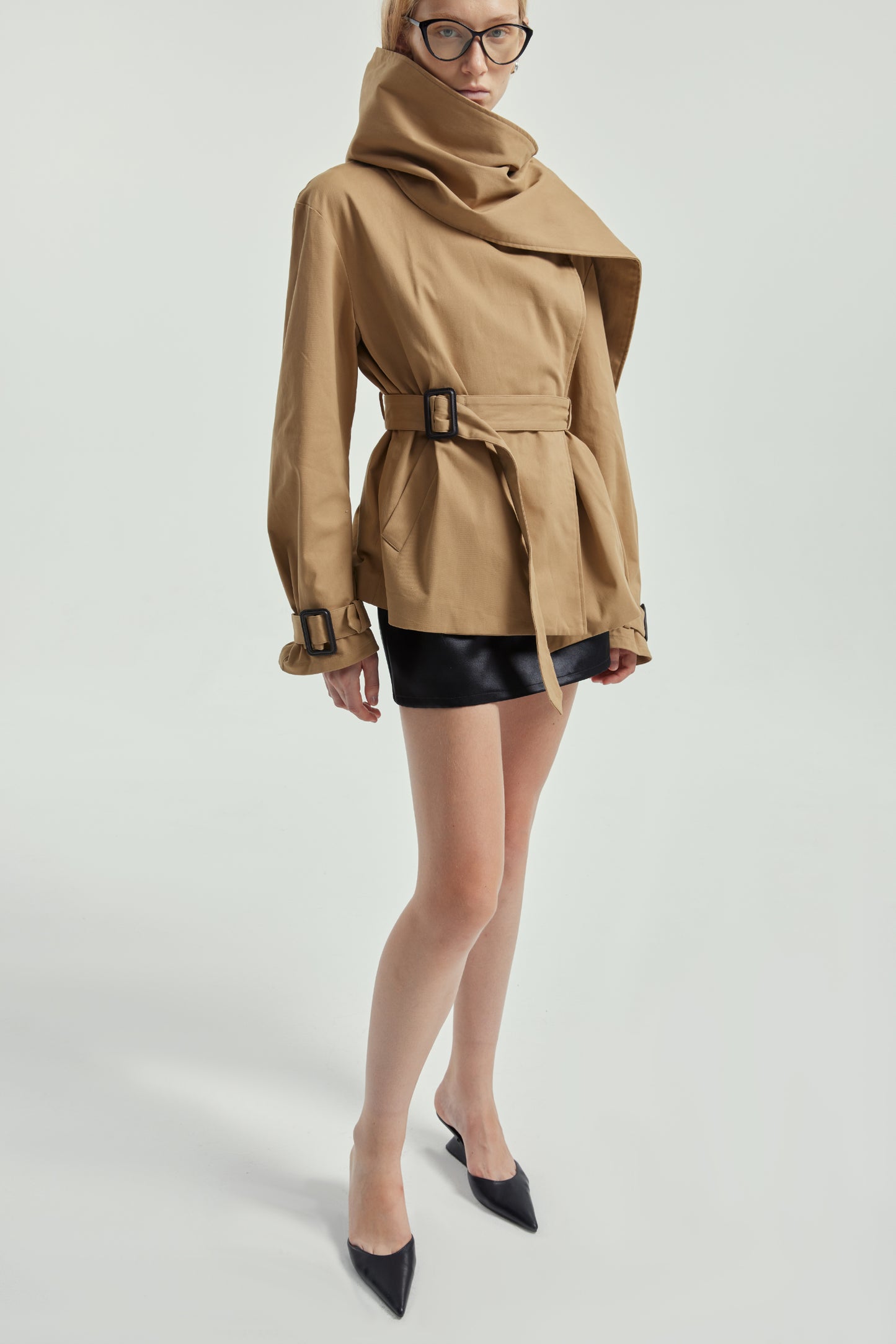 Wrap-Style Collar Waist-Cinching Trench Coat