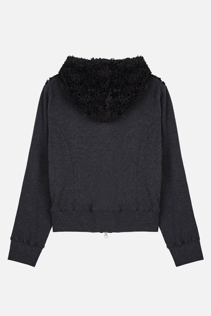 FUZZY FLEECE HOOD ZIP UP / BLACK