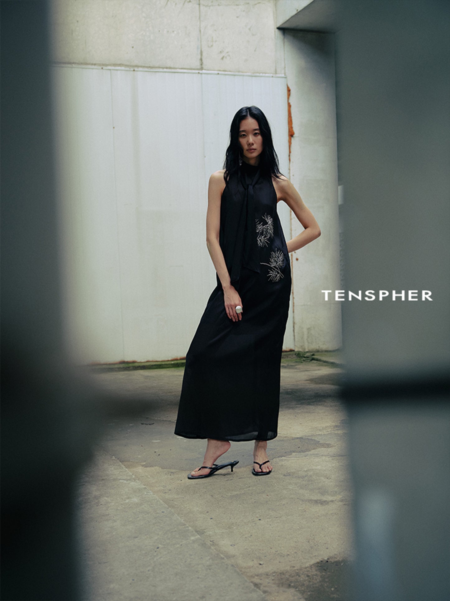 Pine Branch Beaded Ribbon-Tie Dress