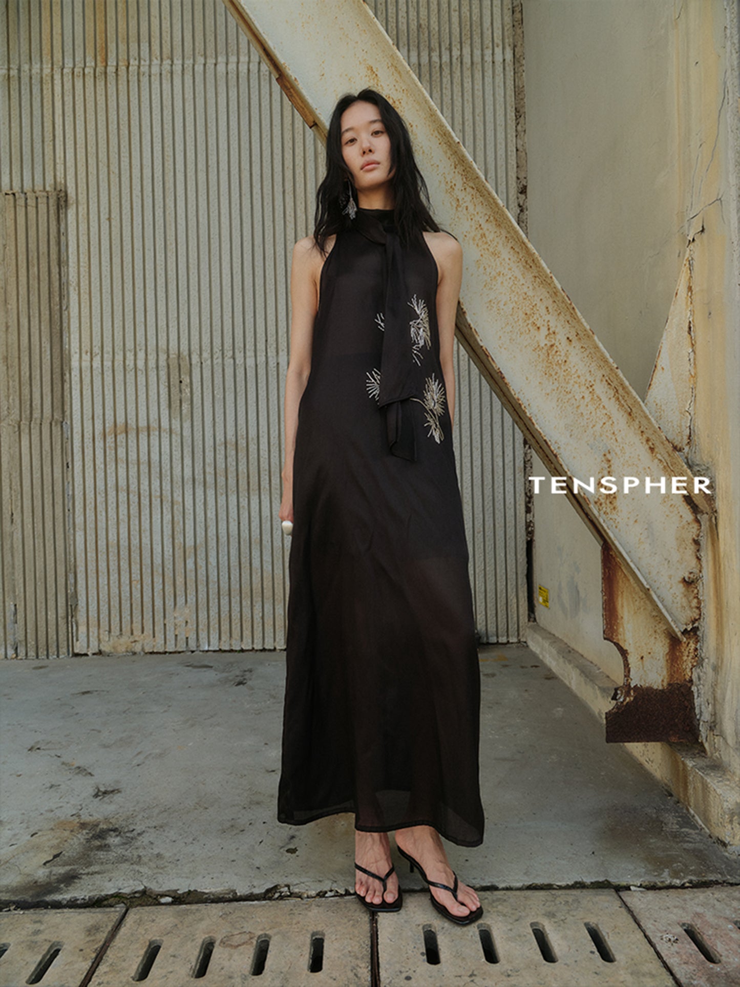 Pine Branch Beaded Ribbon-Tie Dress