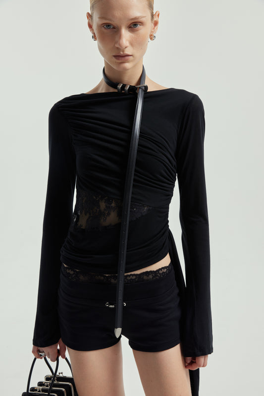 Black Asymmetrical Hem Lace Detail Top