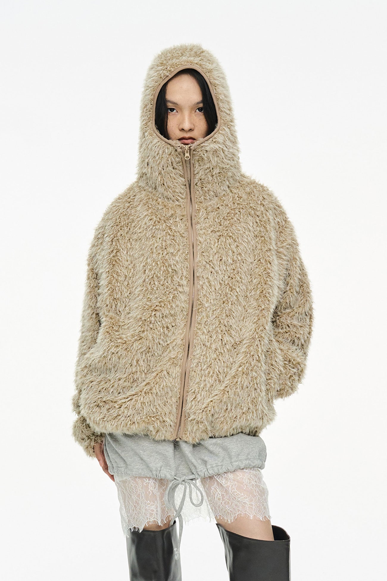HAIRY BALACLAVA ZIP UP / BEIGE