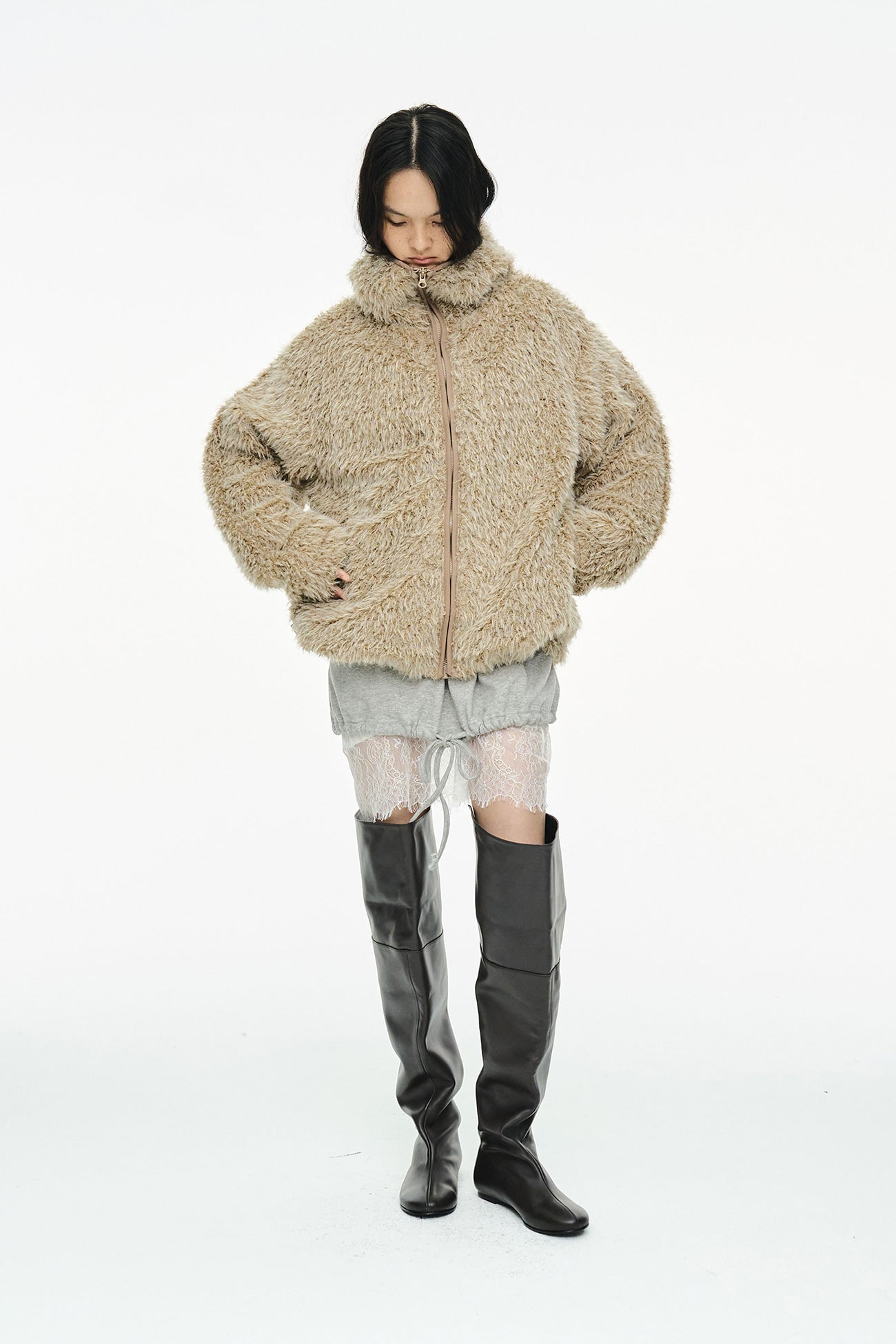 HAIRY BALACLAVA ZIP UP / BEIGE