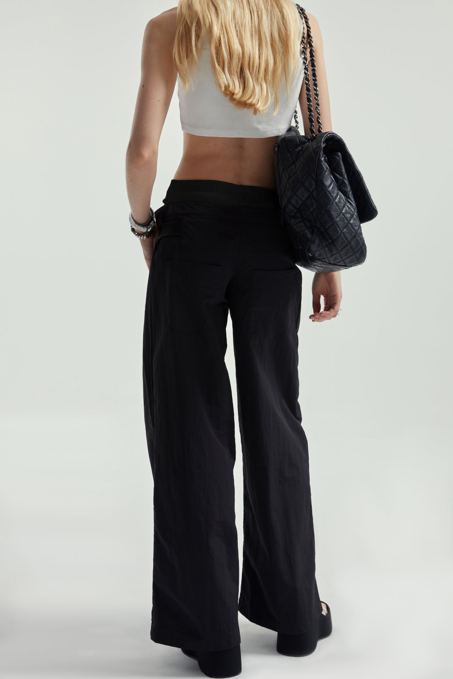 Black Fake Two-Piece Ribbed Cargo Pants