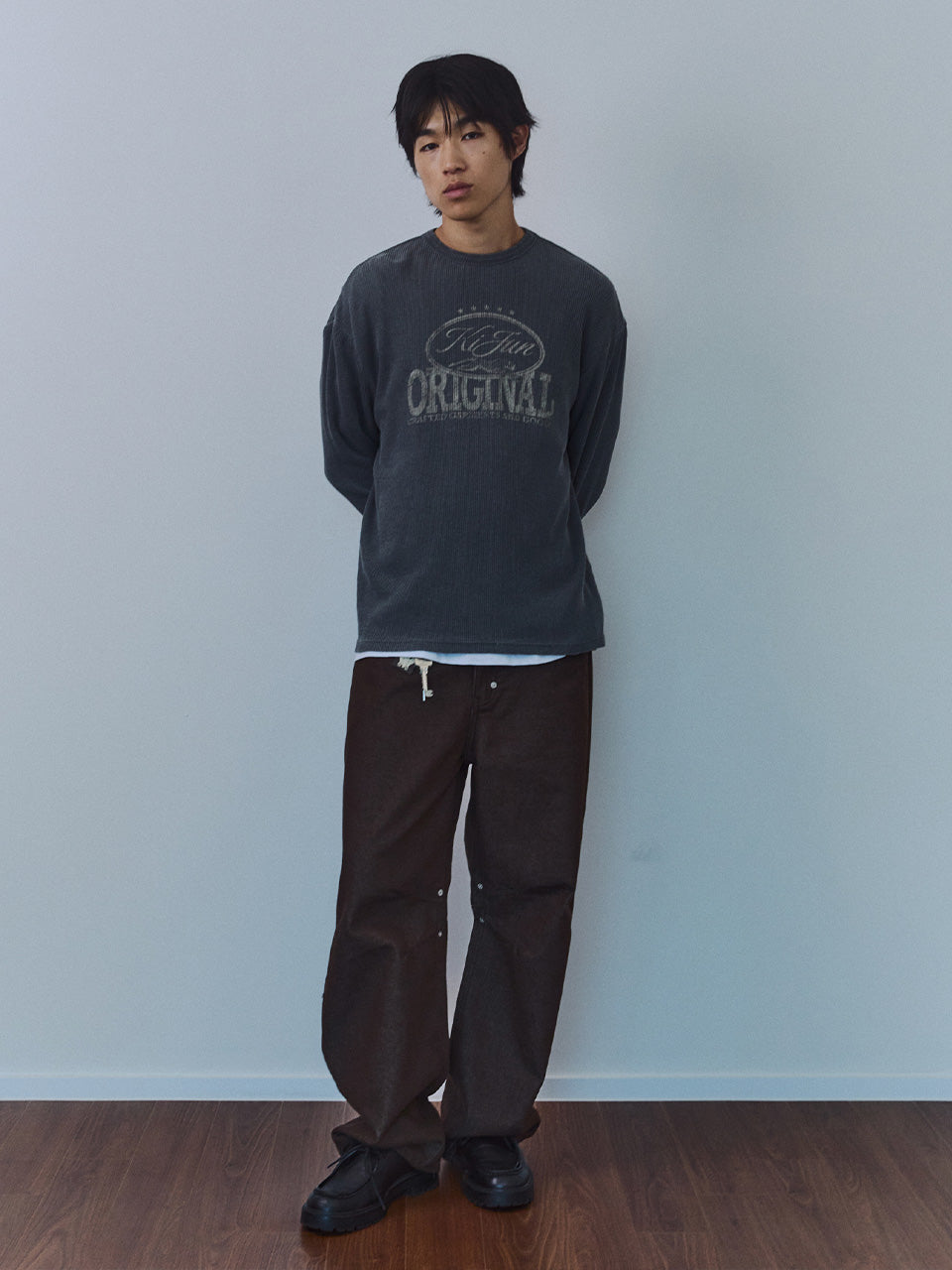 Kijun MEN｜Original Logo Waffle Long Sleeve Tee Charcoal