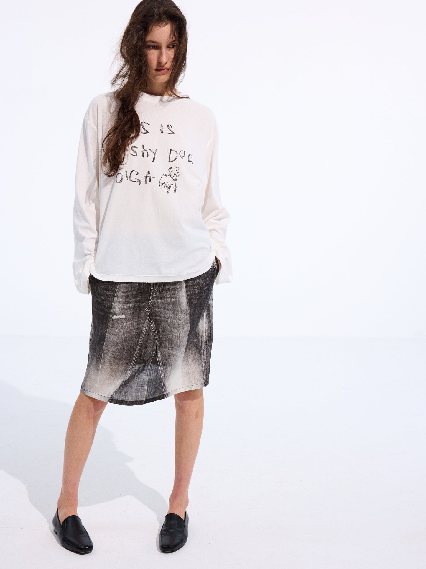 Denim-Print Ramie Midi Skirt