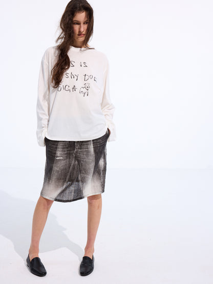 Denim-Print Ramie Midi Skirt