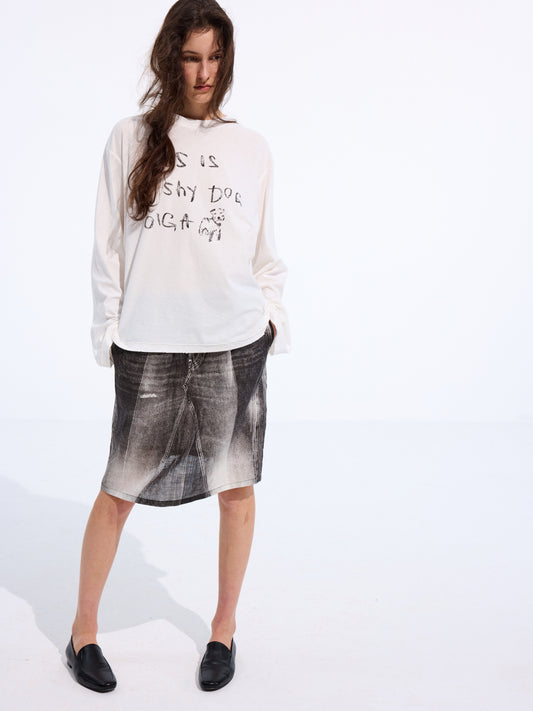 Denim-Print Ramie Midi Skirt