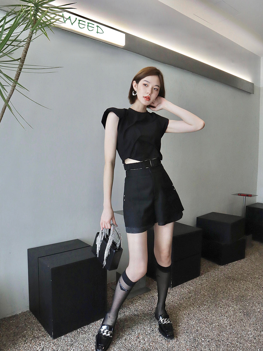 Pleated Belt Padded Shoulder T-Shirt Sleeveless Vest