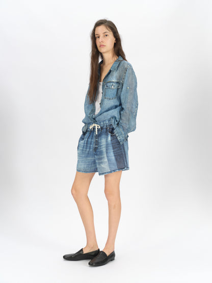 Denim-Print Ramie Shorts