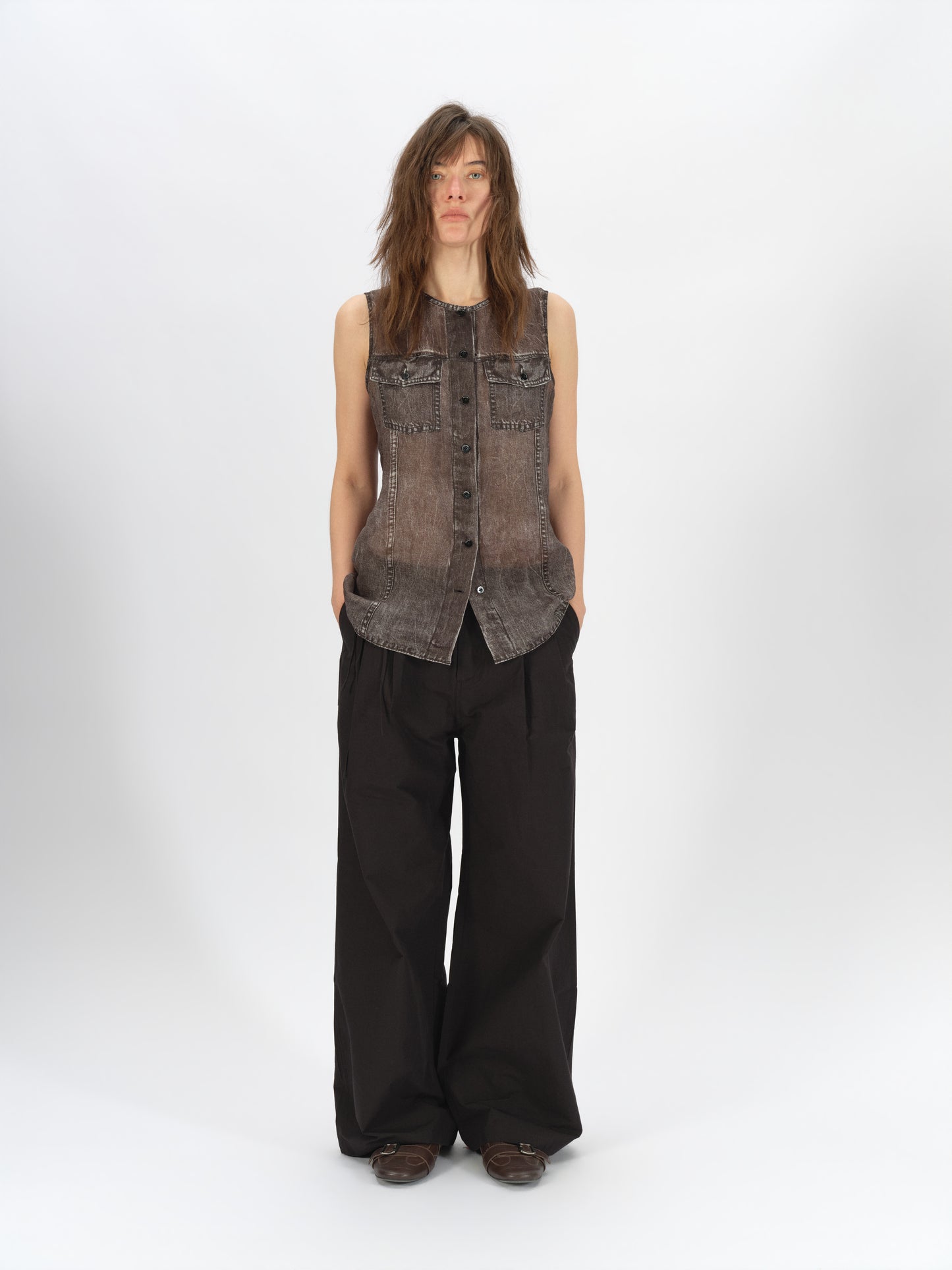 Bicolor-Belted Cotton Wide-Leg Pants