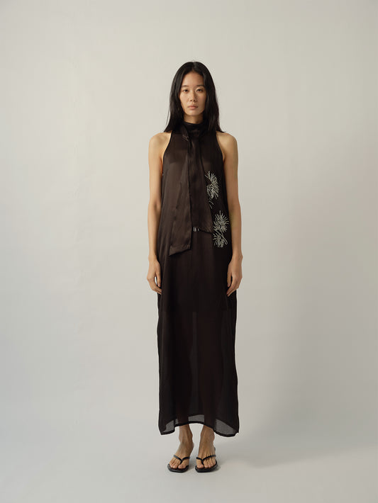Pine Branch Beaded Ribbon-Tie Dress