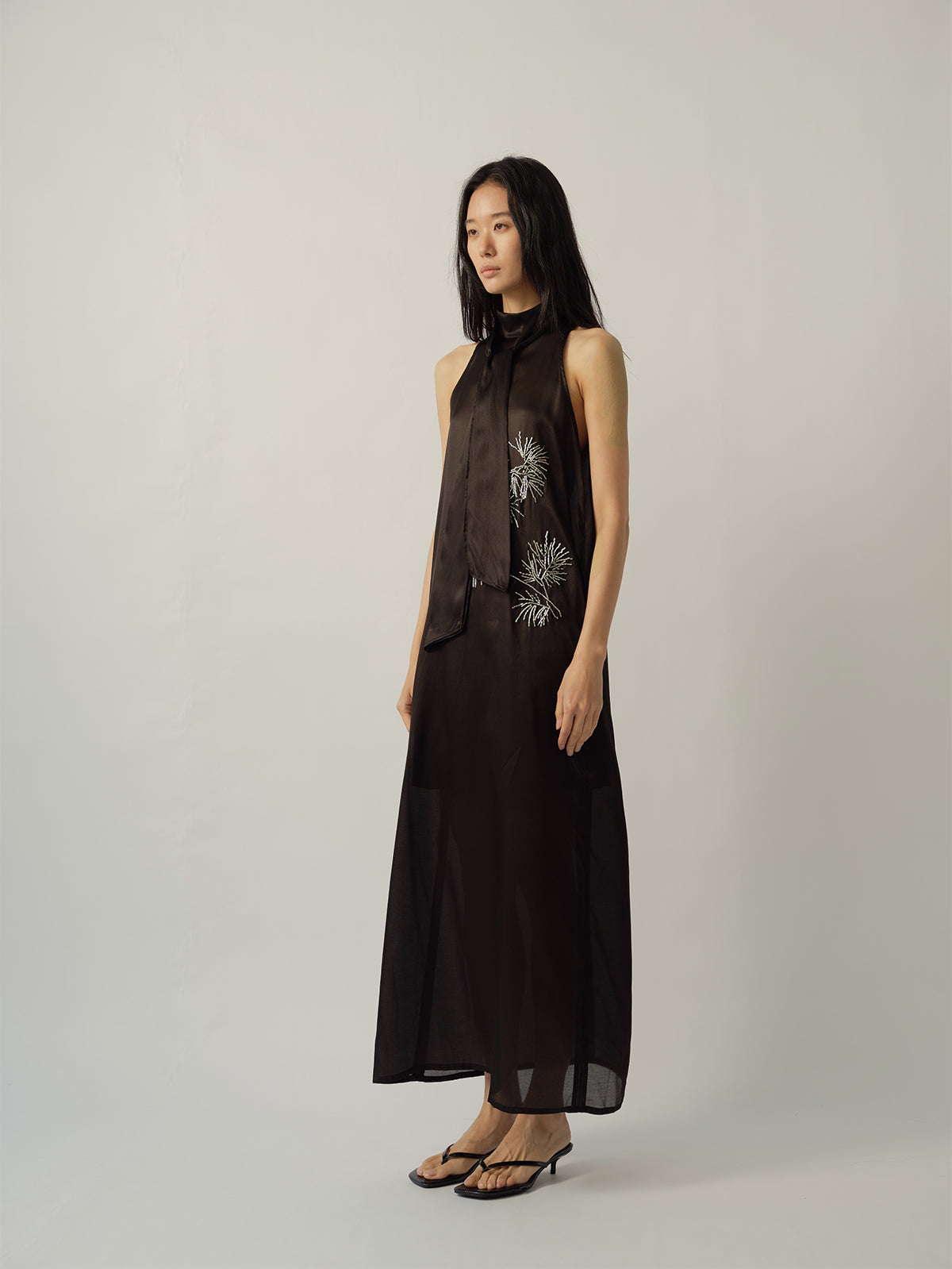 Pine Branch Beaded Ribbon-Tie Dress