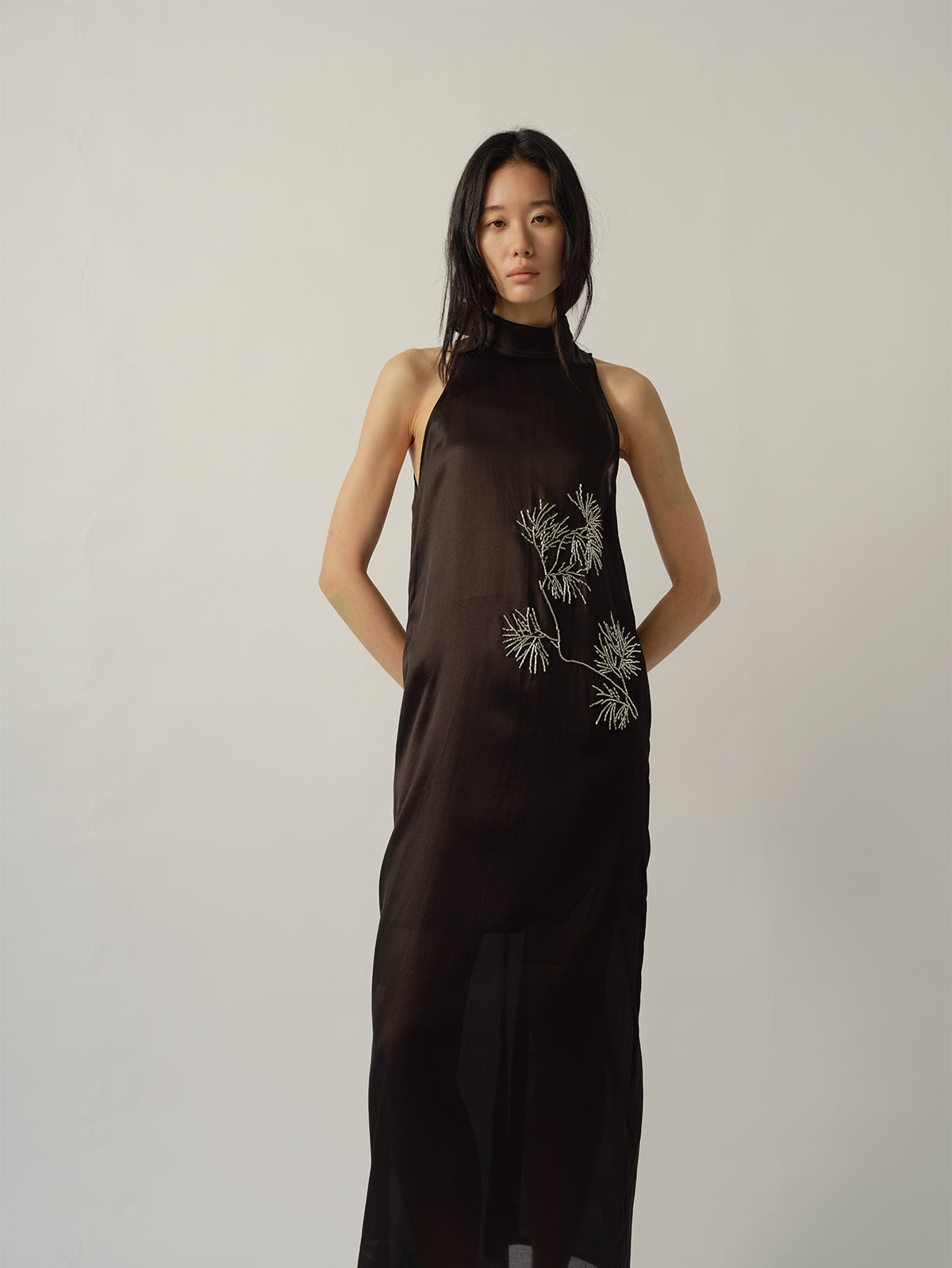 Pine Branch Beaded Ribbon-Tie Dress