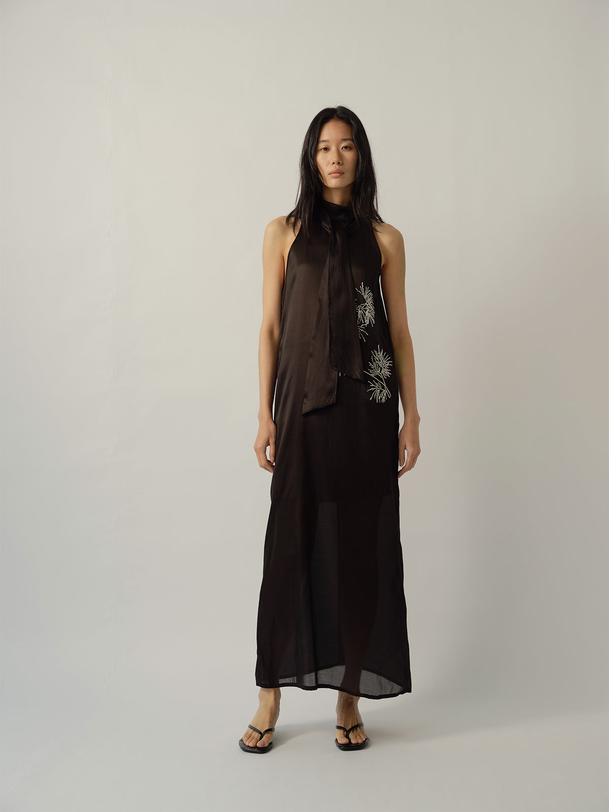 Pine Branch Beaded Ribbon-Tie Dress