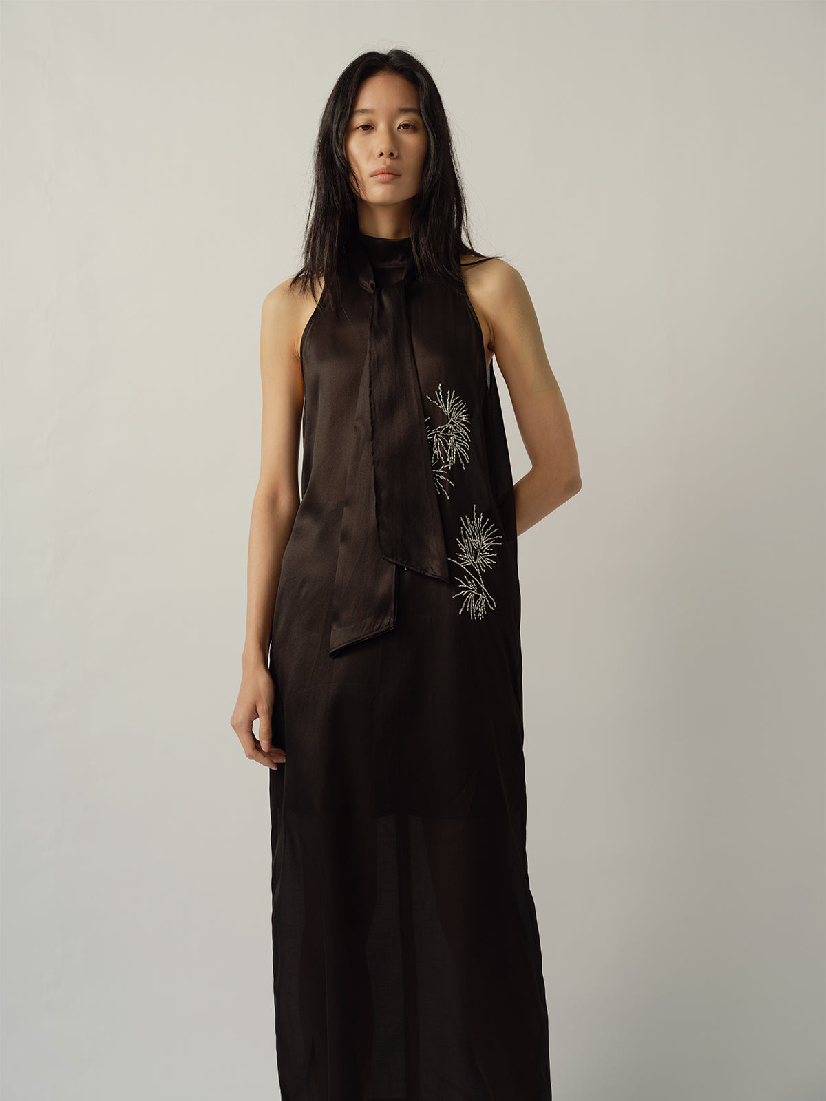 Pine Branch Beaded Ribbon-Tie Dress