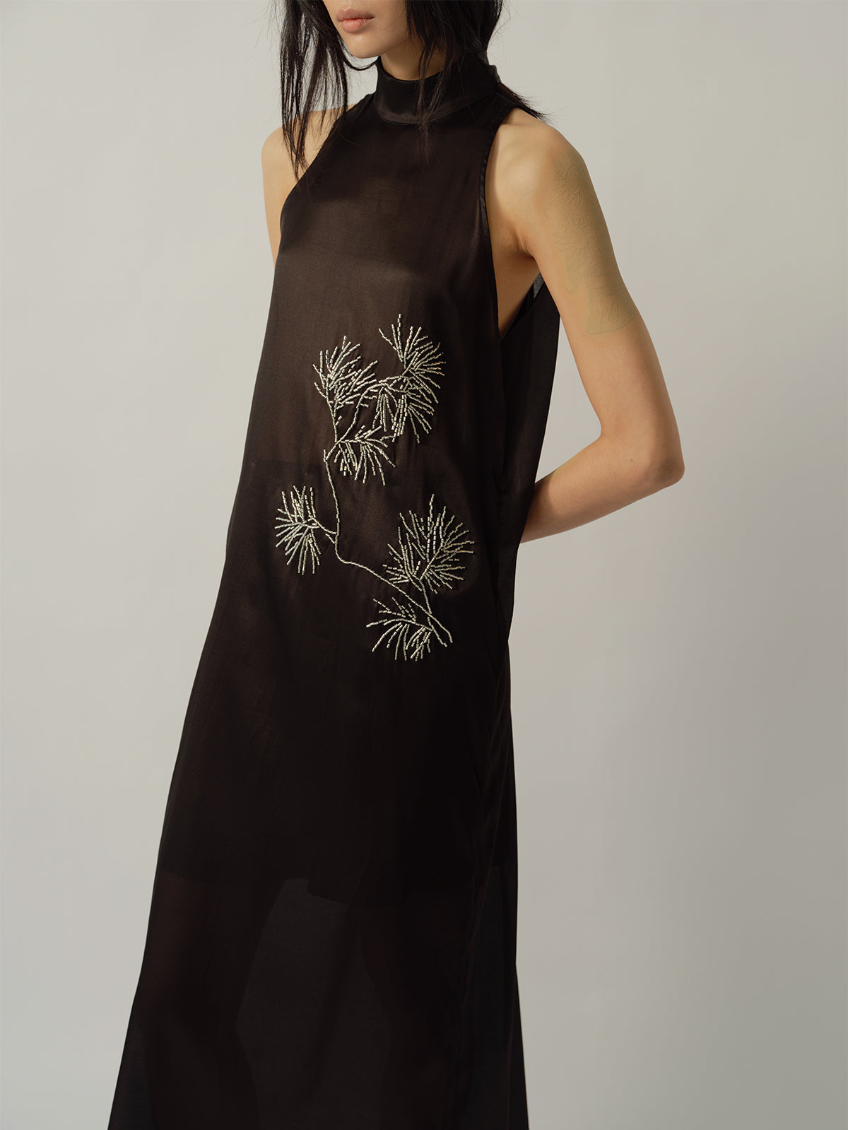 Pine Branch Beaded Ribbon-Tie Dress