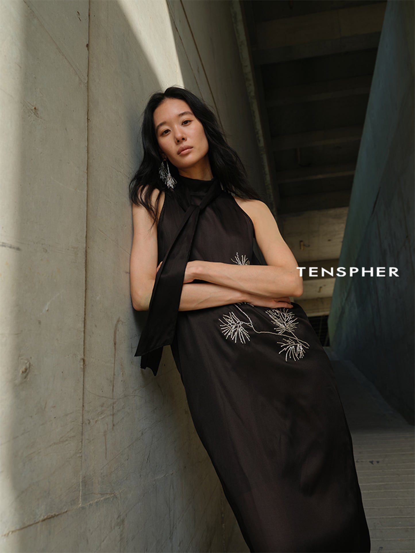 Pine Branch Beaded Ribbon-Tie Dress