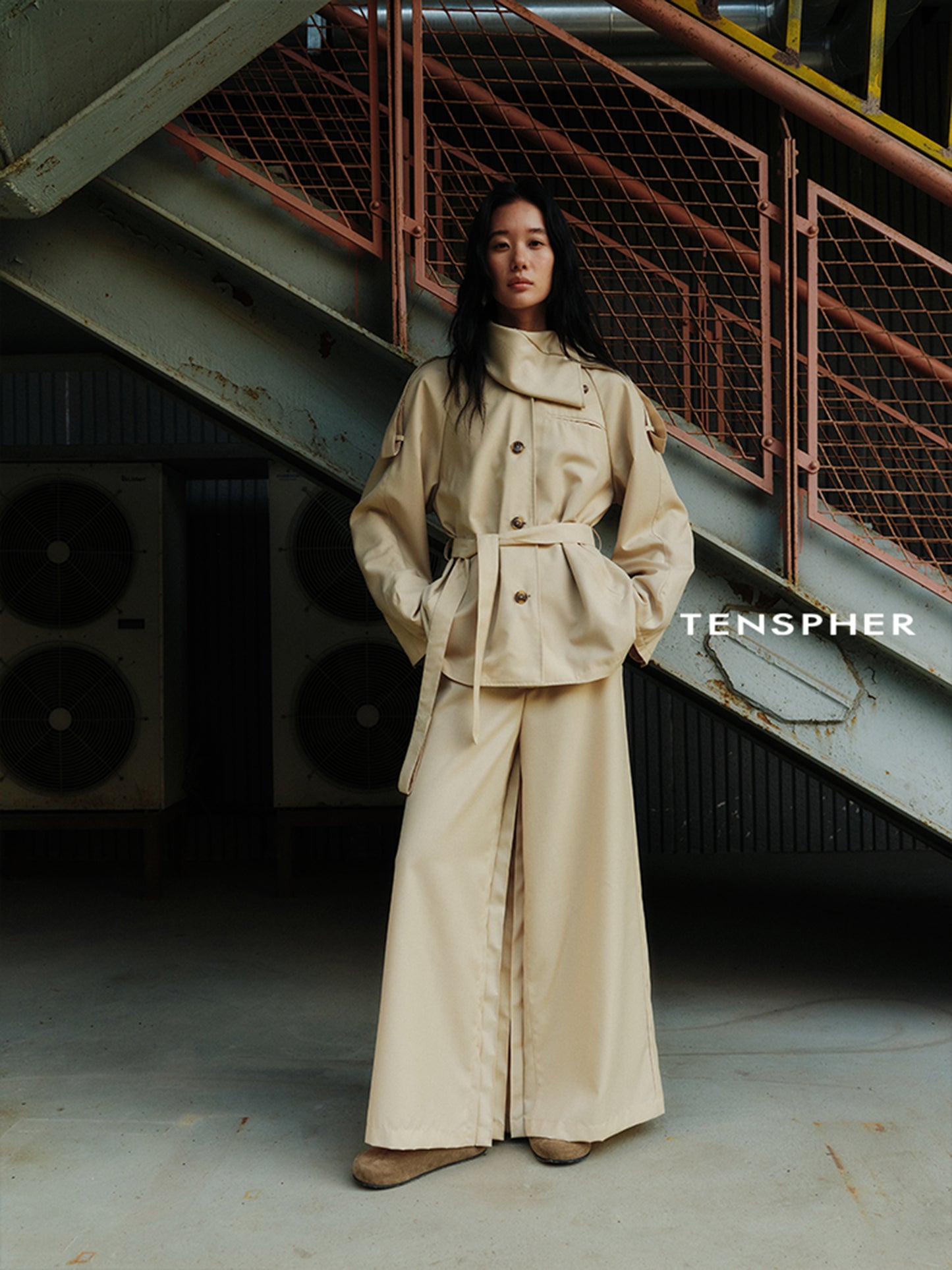 Asymmetric Shirt-Collar Wool Trench