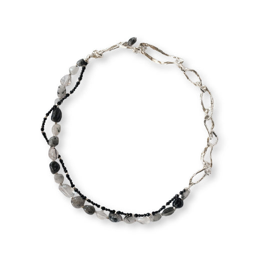 Li Crystal Twilight Star River Silver Circle Mixed Black Rutilated Quartz Silver Necklace