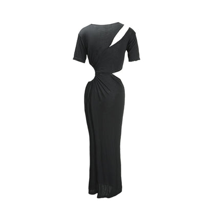 Deconstructed Openwork Knit Maxi Dress Black