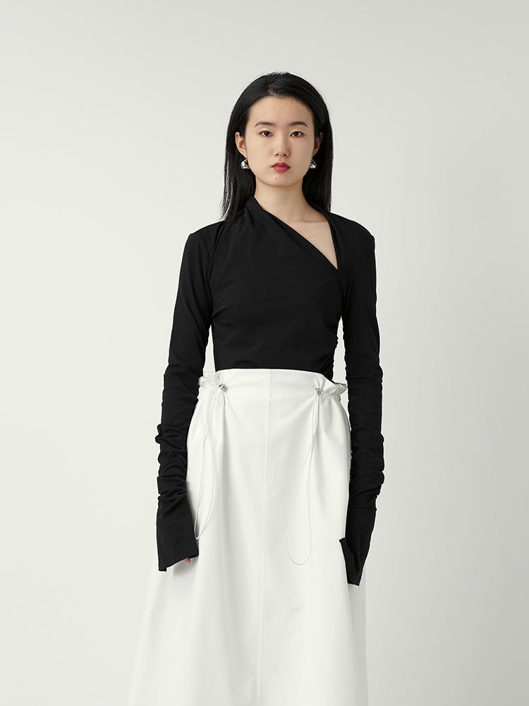 Asymmetric Shoulder Knit Blouse With Gathered Sleeves