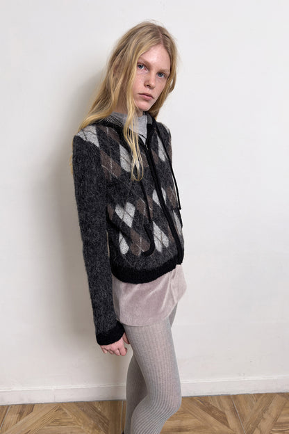 HEART ARGYLE JACQUARD HOOD ZIP UP