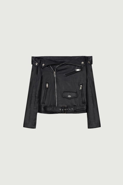 Black Lamb Leather Zipper Belt Off-shoulder Leather Jacket