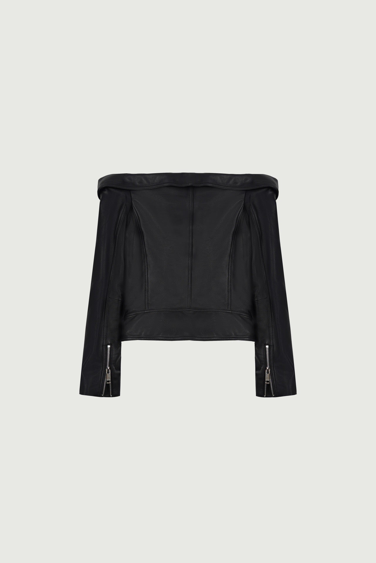 Black Lamb Leather Zipper Belt Off-shoulder Leather Jacket