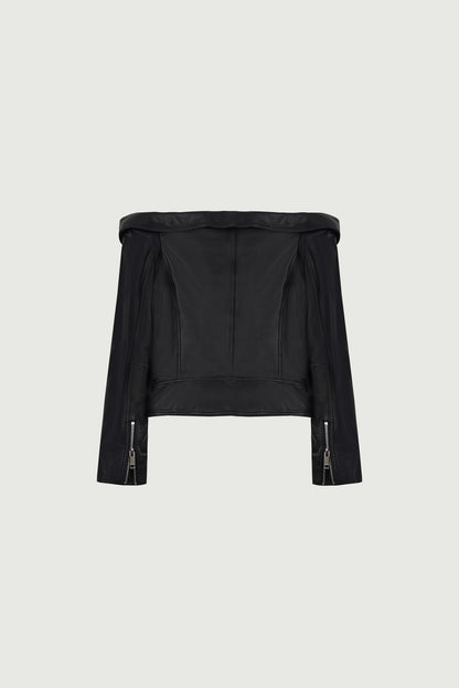Black Lamb Leather Zipper Belt Off-shoulder Leather Jacket