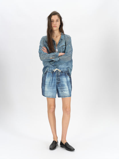Denim-Print Ramie Shorts