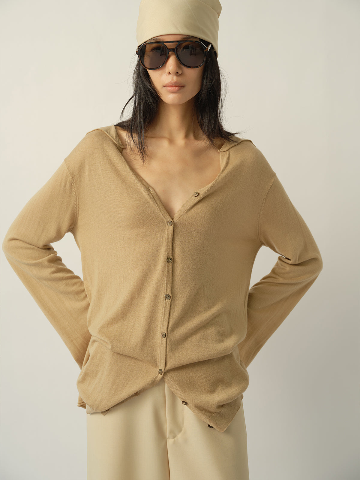 Square-Paneled Split-Sleeve Wool Cardigan