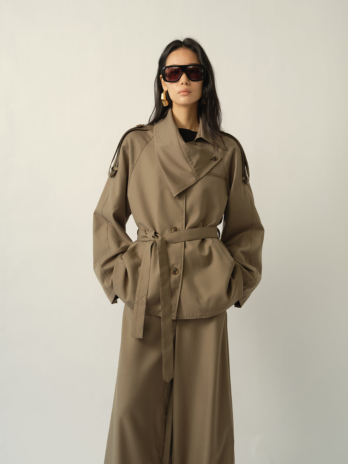 Asymmetric Shirt-Collar Wool Trench Green