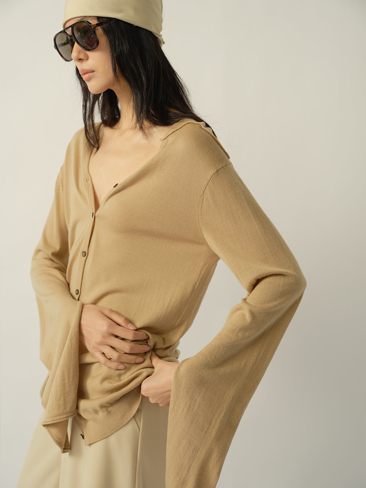 Square-Paneled Split-Sleeve Wool Cardigan