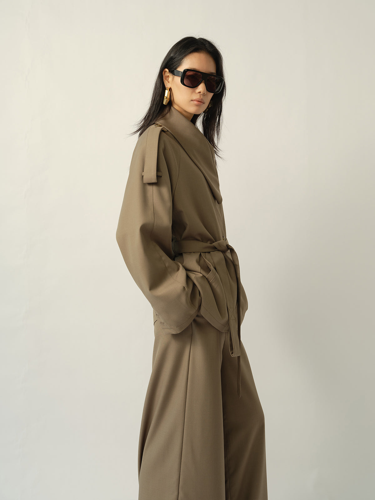 Asymmetric Shirt-Collar Wool Trench Green