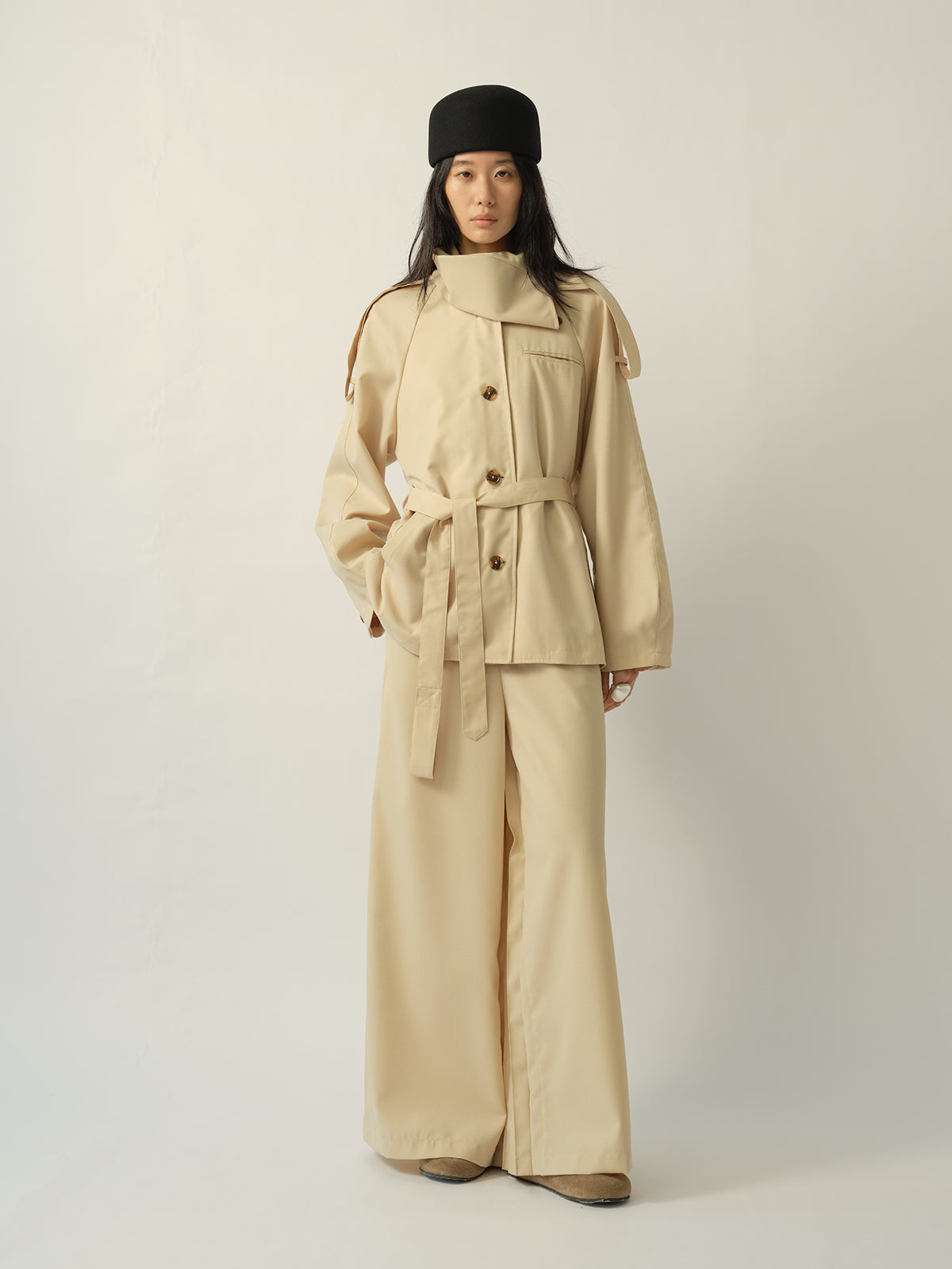 Asymmetric Shirt-Collar Wool Trench