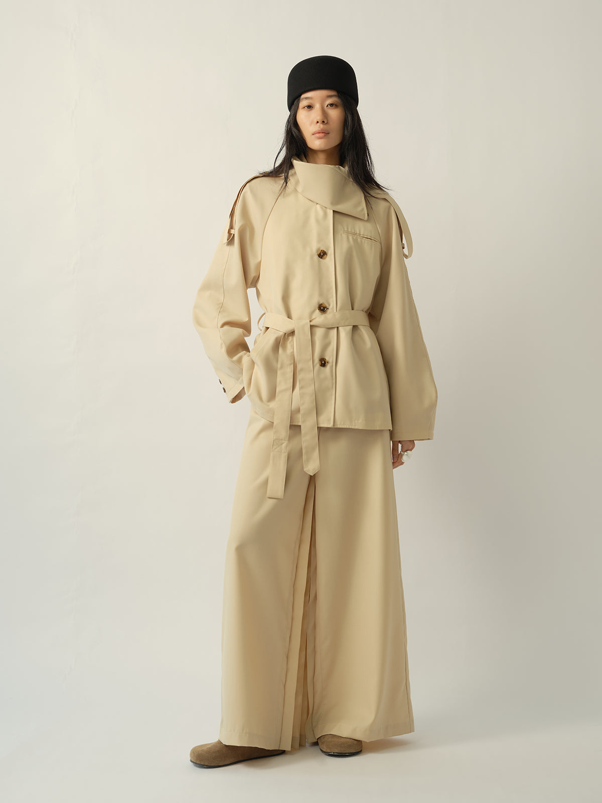 Asymmetric Shirt-Collar Wool Trench