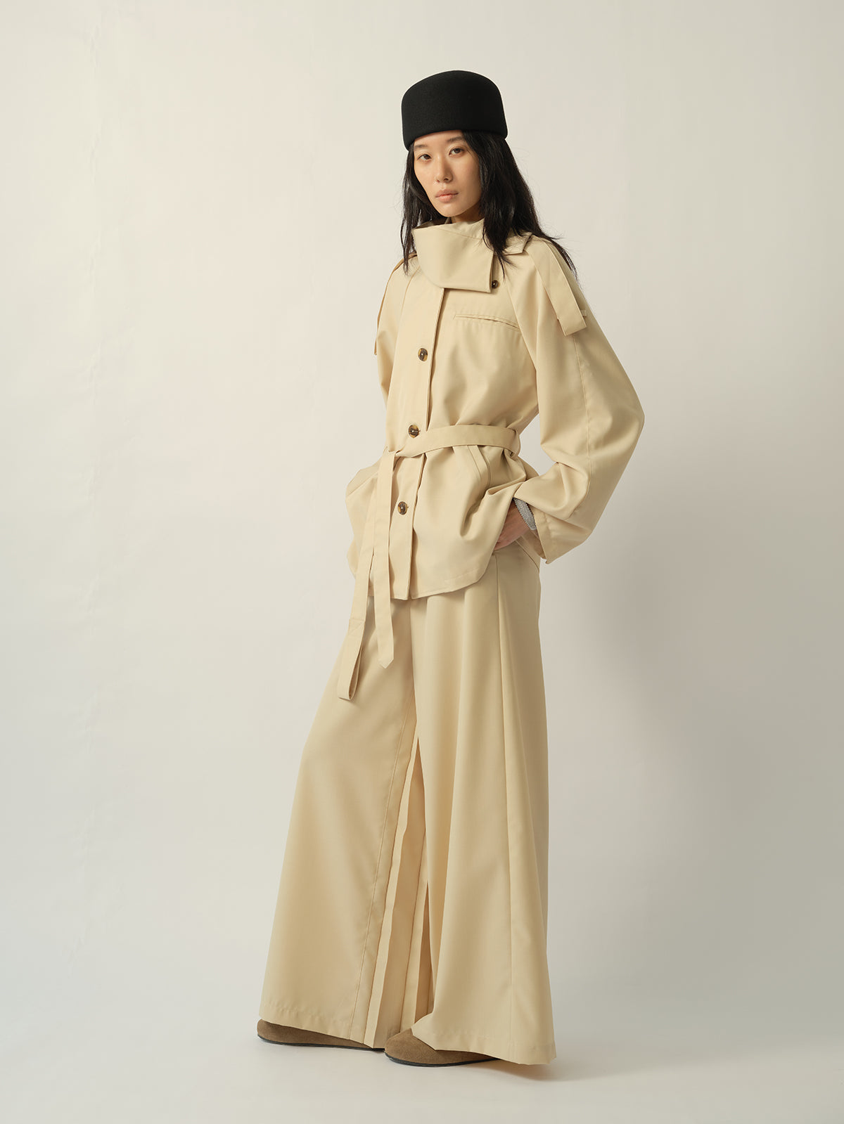 Asymmetric Shirt-Collar Wool Trench